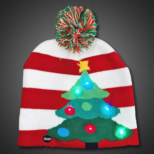 LED Beanie Christmas Tree Sock Hat, knit winter beanie with a Christmas tree design featuring colorful LED lights and a pompom on top.