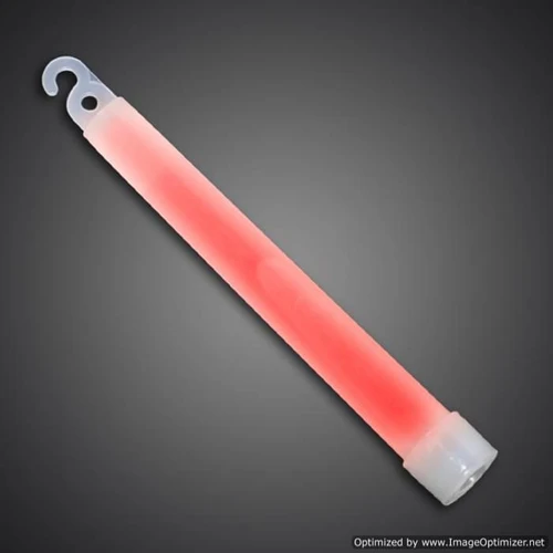 6" Unwrapped Glow Stick, red glowing long plastic tube with a hook on one end for holding or attachment.
