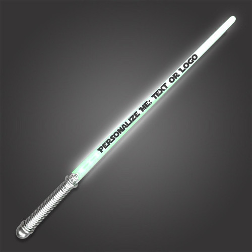 Customized Lightsaber Sword, LED illuminated lightsaber with a silver handle and customizable text or logo printed on the blade.