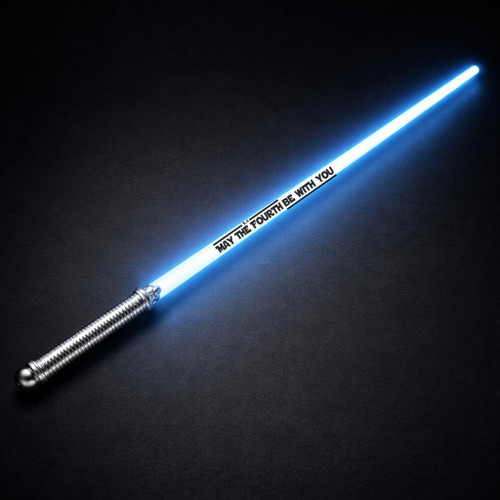 Customized Lightsaber Sword, glowing blue Star Wars replica with the inscription "May the Fourth be with you" on the blade.