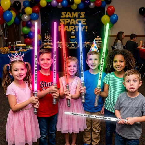 Customized LED Light Sabers, 28-inch battery-powered light-up toy swords being held by children at a birthday party.