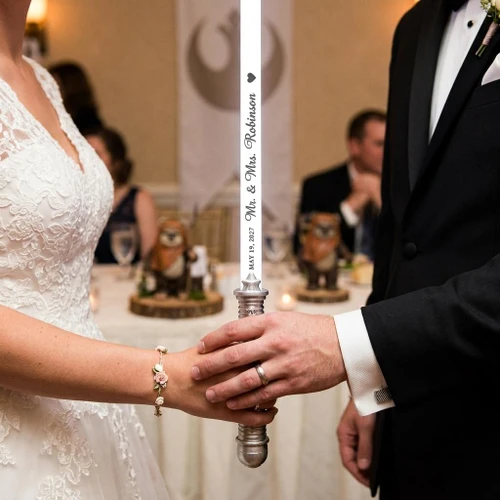 Customized LED Light Sabers, 28-inch battery-powered light-up toy swords used for wedding ceremonies.