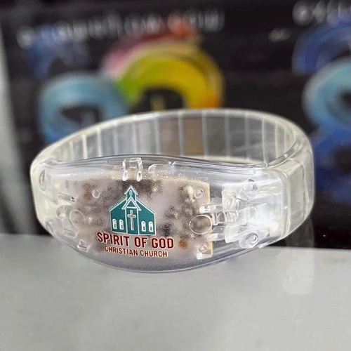 transparent plastic bracelet with Spirit of God Christian Church logo and text