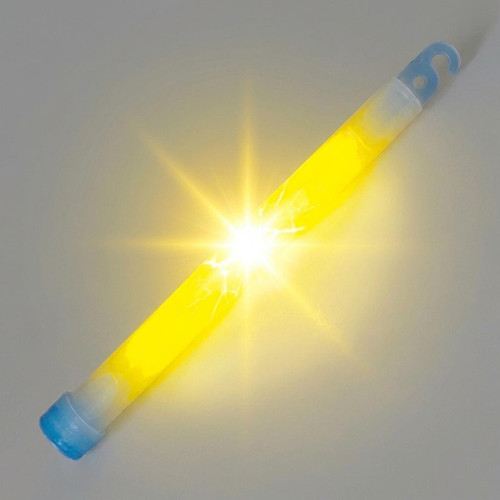 Product 6-inch Revolution 5-Minute Lightsticks (10-pack), glowing yellow light stick with blue end caps for parties, concerts, or events.