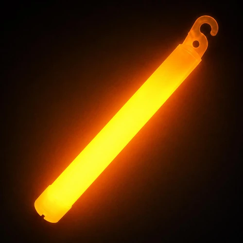 Product 6" Revolution 5-Minute Lightsticks (10-pack), glowing orange lightstick for parties or safety, with hook at the top for hanging or carrying.