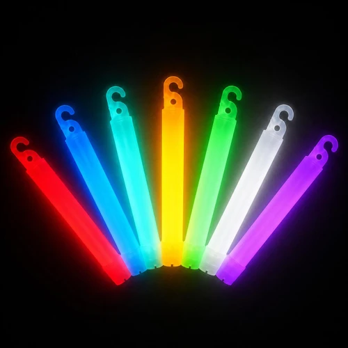 Product 6" Revolution 5-Minute Lightsticks (10-pack), colorful glowing lightsticks in red, blue, yellow, green, white, and purple on a black background.