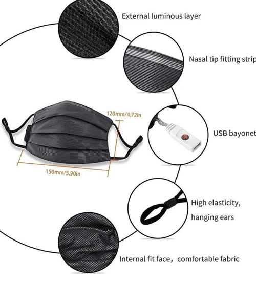 Fiber Optic LED Face Mask, black facial mask with adjustable ear straps and fiber optic lights, featuring internal fit face fabric, external luminous layer, nasal tip fitting strip, USB bayonet, and high elasticity hanging ears for comfortable wear.