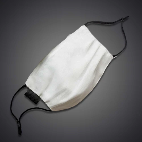 Fiber Optic LED Face Mask, white protective face mask with black elastic ear loops on a gray background.