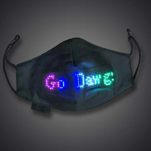 Programmable App Controlled LED Face Mask, black face mask with colorful LED display reading 'Go, Daze' in multicolor lights.