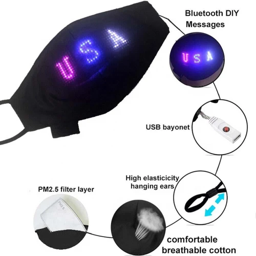 upgraded black LED face mask with customizable light display and Bluetooth DIY messaging features