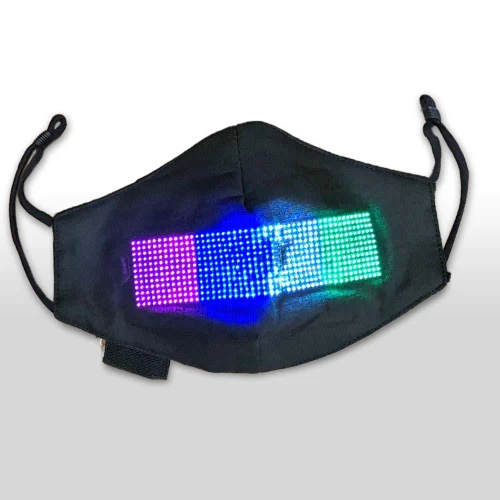 black face mask featuring colorful LED light display for entertainment or fashion