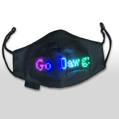 Programmable App Controlled LED Face Mask, black face mask featuring colorful LED display with the text "Go Dance".