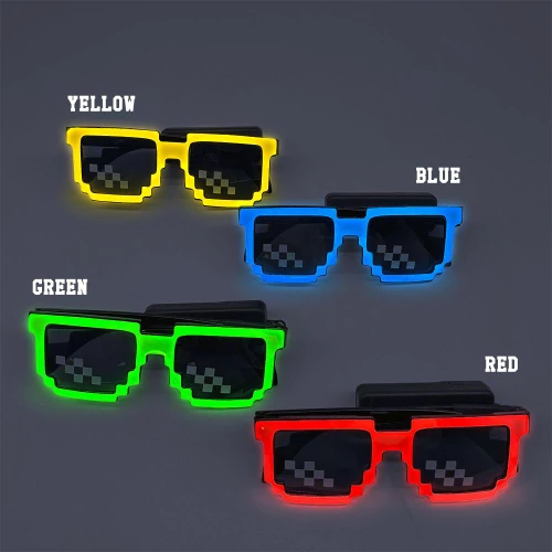 Light Up Pixel Meme Sunglasses, LED pixelated sunglasses with yellow, blue, green, and red glowing frames and pixelated lens design.