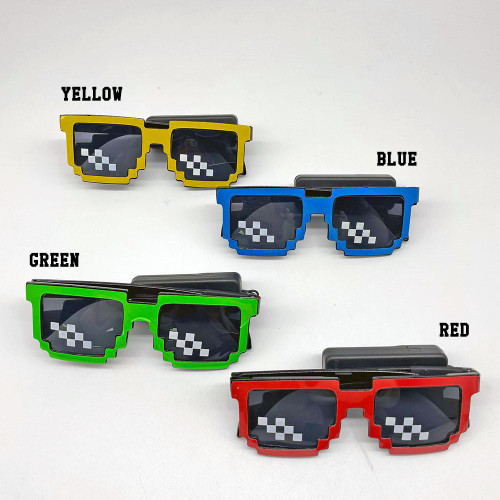 Light Up Pixel Meme Sunglasses, colorful pixelated sunglasses in yellow, blue, green, and red with flashing light design.
