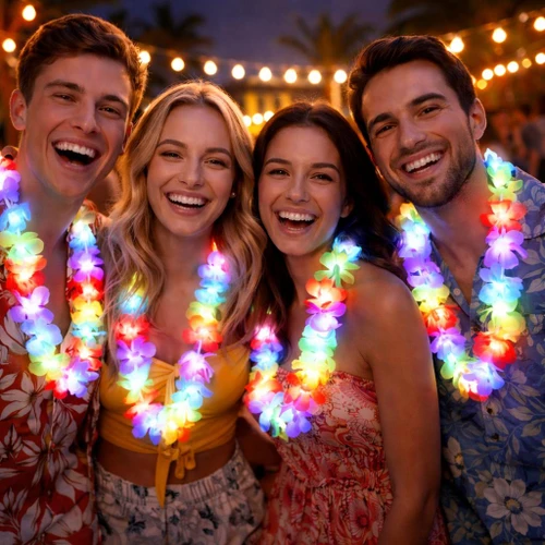 colorful glowing flower leis worn during a tropical party with smiling friends
