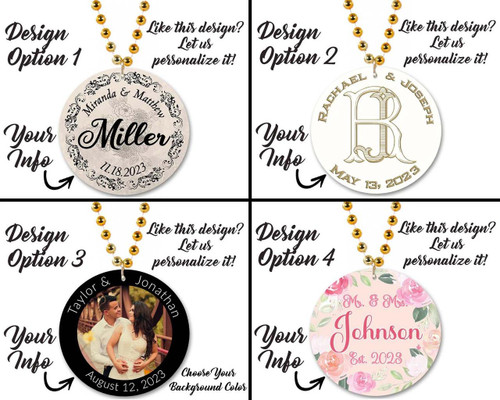 Customized Beaded Mardi Gras Full Color Medallions (Non-Flashing), four personalized beaded medallion options with unique designs including floral, monogram, and photo, featuring intricate details and custom text for Mardi Gras celebrations.