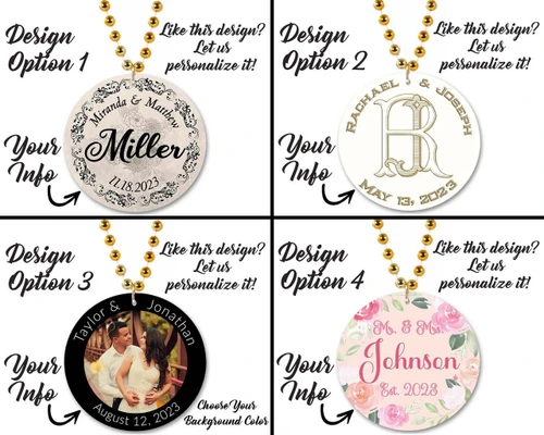 Customized Beaded Mardi Gras Full Color Medallions (Non-Flashing), four personalized beaded medallion options with unique designs including floral, monogram, and photo, featuring intricate details and custom text for Mardi Gras celebrations.