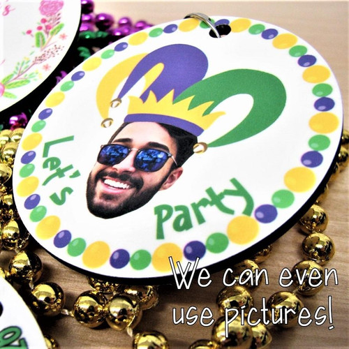 Customized Beaded Mardi Gras Full Color Medallions (Non-Flashing), decorated with an image of a man wearing sunglasses and a colorful Mardi Gras hat.