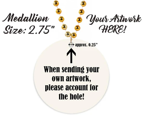 Customized Beaded Mardi Gras Full Color Medallions (Non-Flashing), image showing a gold beaded necklace with a round medallion attached, purple and gold beads, and a note explaining customization options and measurements.