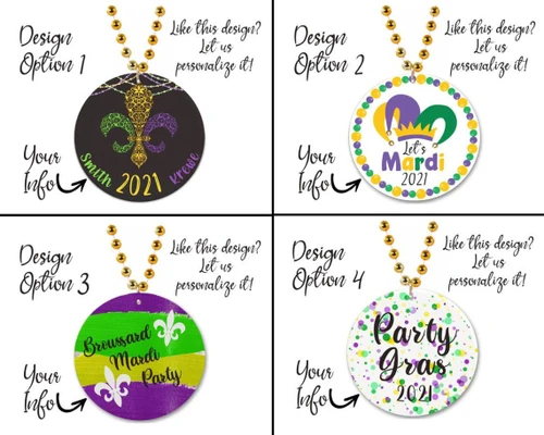 Customized Beaded Mardi Gras Full Color Medallions (Non-Flashing), image showing four customizable Mardi Gras medallions with different vibrant designs and personalized info for Mardi Gras 2021 celebrations.