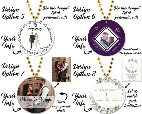 Customized Beaded Mardi Gras Full Color Medallions (Non-Flashing), colorful round medallion necklaces with different designs including wedding and couple themes for Mardi Gras celebration.