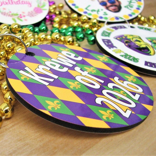 Customized Beaded Mardi Gras Full Color Medallions (Non-Flashing), colorful Mardi Gras themed medallion with purple, green, and yellow diamond patterns and text.