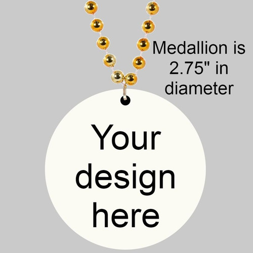 Customized Beaded Mardi Gras Full Color Medallions (Non-Flashing), close-up of a gold beaded necklace with a round medallion featuring customizable design area, diameter of 2.75 inches, on a gray background.