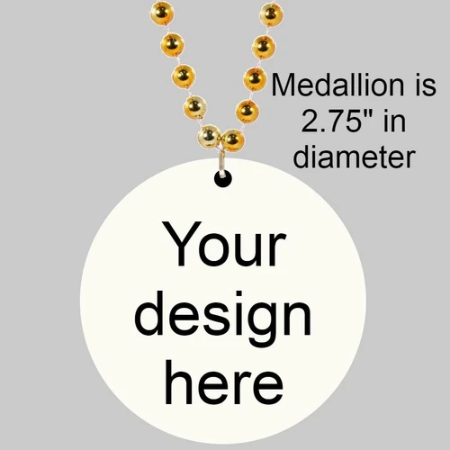 Customized Beaded Mardi Gras Full Color Medallions (Non-Flashing), close-up of a gold beaded necklace with a round medallion featuring customizable design area, diameter of 2.75 inches, on a gray background.