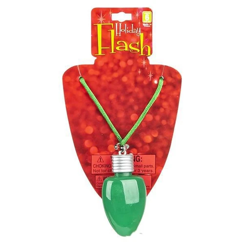 Single Bulb LED Christmas Necklace, green light bulb pendant with green cord and decorative embellishment, holiday party accessory