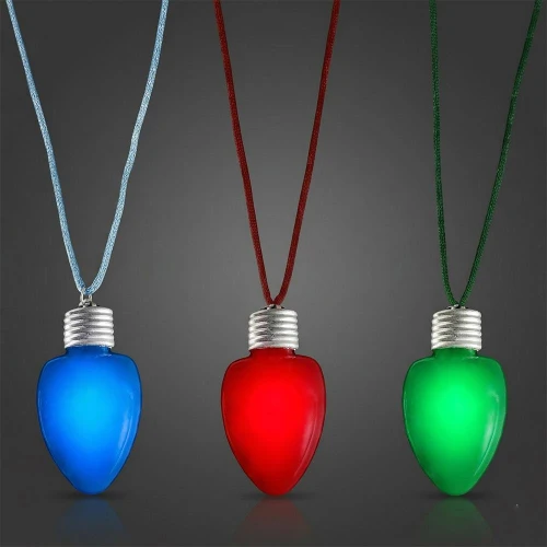 Single Bulb LED Christmas Necklace, three colorful light bulbs in blue, red, and green, hanging on matching cords.