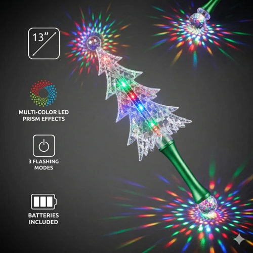 illuminated Christmas tree-shaped wand with multi-color LED prism effects, 13-inch size