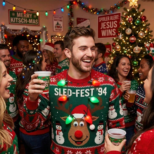 LED Christmas Bulb Necklace Red Green Lights, holiday festive party with people wearing Christmas sweaters and celebrating with Christmas lights and decorations.
