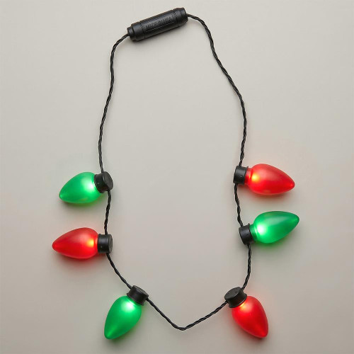 LED Christmas Bulb Necklace Red Green Lights, festive string of red and green holiday Christmas bulb lights for decoration.