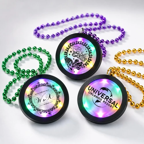 Customized Beaded Mardi Gras Flashing Medallions Gold Green Purple LEDs, vibrant beaded necklaces with flashing medallion designs for Mardi Gras celebrations.