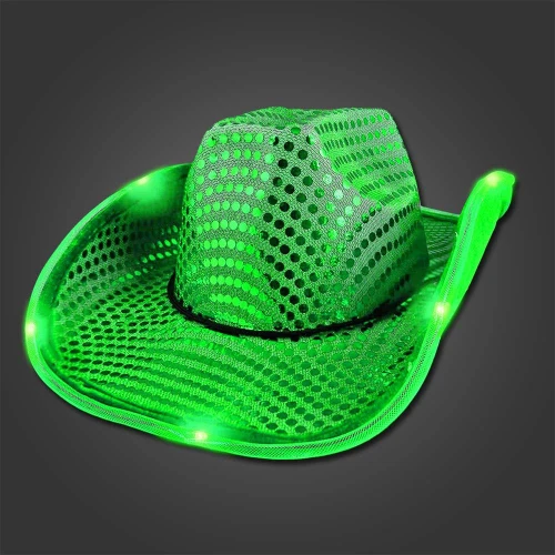 Light Up Cowboy Hat with Sequins, a bright green illuminated cowboy hat decorated with shiny sequins and LED lights.
