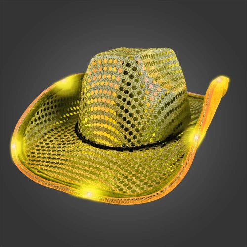 gold shiny cowboy hat decorated with LED lights and sequins for a sparkling, illuminated Western accessory