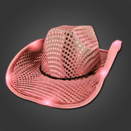 a shiny pink cowboy hat featuring perforated sequins and built-in lights for a luminous effect