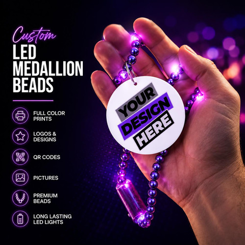 Customized Mardi Gras Beads with Full Color Medallion Blank, a flexible string of purple LED beads with a customizable round medallion for personalized designs, logos, and QR codes for parties or promotional events.