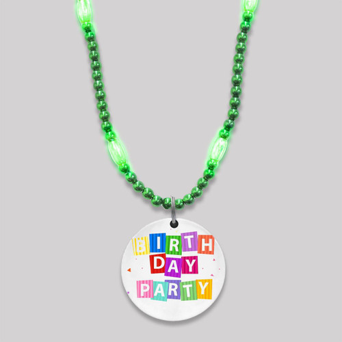 Customized Mardi Gras Beads with Full Color Medallion Blank, a vibrant green bead necklace featuring a round medallion with colorful 'Birthday Party' lettering.
