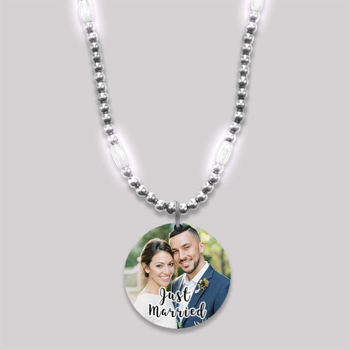 Customized Mardi Gras Beads with Full Color Medallion Blank, silver beaded necklace with a round medallion featuring a photo of a smiling couple and 'Just Married' text for wedding or celebration accessories.