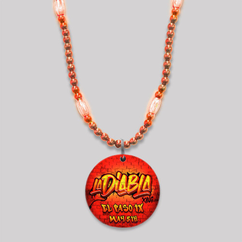 Customized Mardi Gras Beads with Full Color Medallion Blank, a red beaded necklace featuring a round medallion with vibrant graffiti-style design and event details for a celebration in El Paso, Texas.