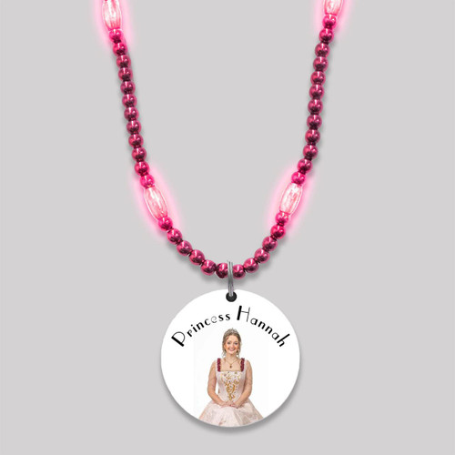 Customized Mardi Gras Beads with Full Color Medallion Blank, pink beaded necklace with a round medallion featuring a princess image and personalized text 'Princess Hannah'.