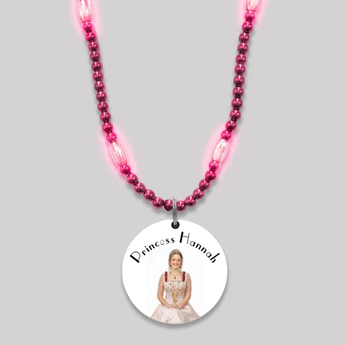 Customized Mardi Gras Beads with Full Color Medallion Blank, pink beaded necklace with a round medallion featuring a princess image and personalized text 'Princess Hannah'.