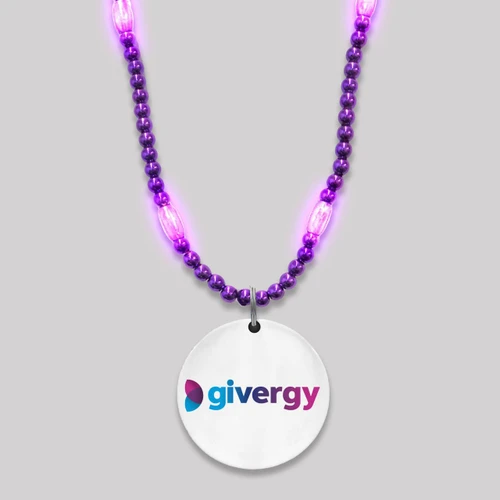 purple beads with pink accents and a white medallion displaying the Givergy logo in blue and purple