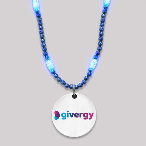 Customized Mardi Gras Beads with Full Color Medallion Blank, blue beaded necklace featuring a round medallion with the 'givergy' logo in colorful text.