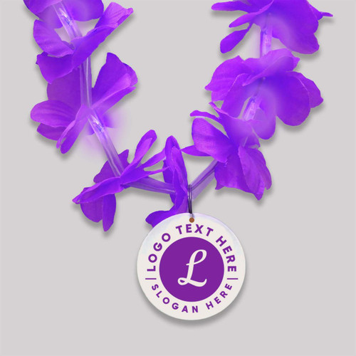 purple floral lei with light-up feature and a customizable medallion for personalized text or logo