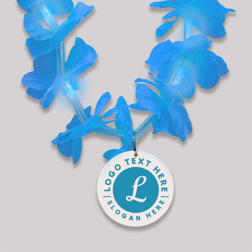 Customized Light Up Floral Lei with Full Color Medallion Blank, blue floral lei with LED lights and a customizable round medallion tag with placeholder text