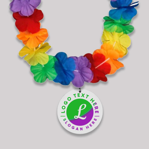 vibrant rainbow-colored flower lei with a customizable medallion hanging center
