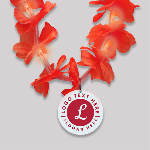 vibrant orange artificial flower lei with built-in LED lights and a customizable medallion for personalized text or