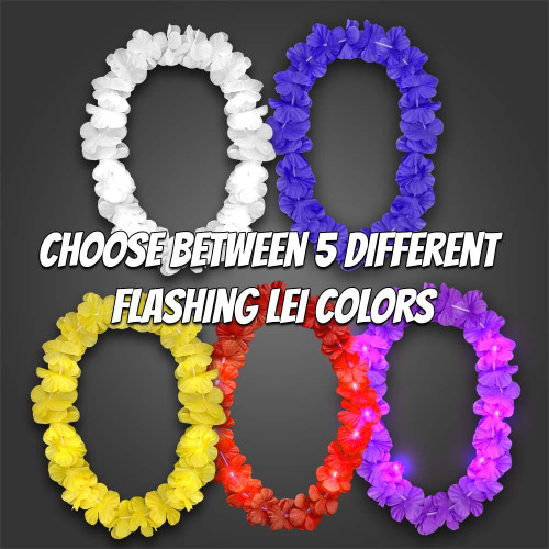vibrant illuminated Hawaiian-style flower leis in white, blue, yellow, red, and purple with flashing LED lights